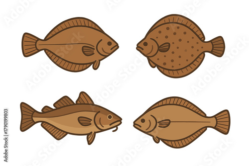 Four brown edible fish icons featuring flatfish and cod species