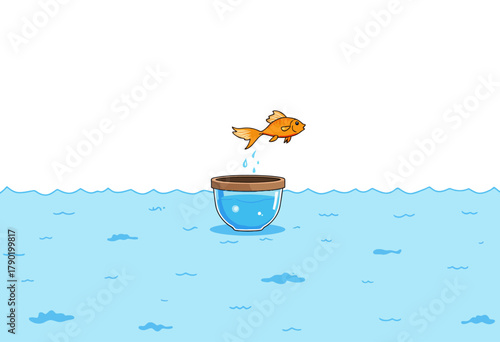 A Daring Goldfish Leaps Out of Its Small Fishbowl into a Vast Open Expansive Blue Ocean Scene