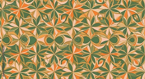 A mod, geometric textile print featuring interlocking petal shapes in a classic 70s color palette of green, ochre, and orange.