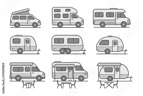 Set of nine stylized icons depicting various recreational vehicles and travel trailers