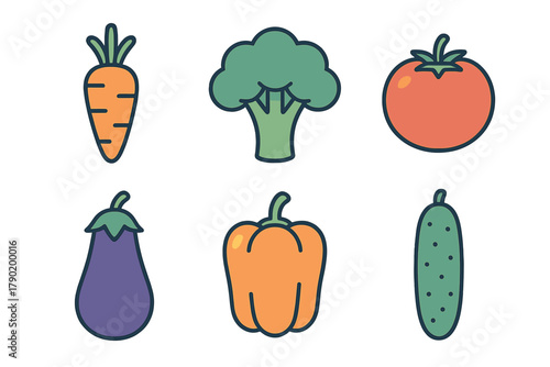 Six colorful fresh vegetable icons featuring carrot broccoli tomato eggplant and pepper
