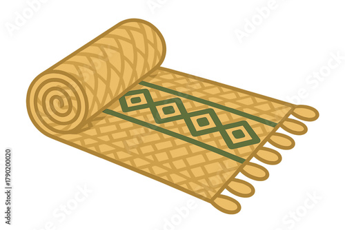 Woven straw mat with geometric pattern and decorative tassels