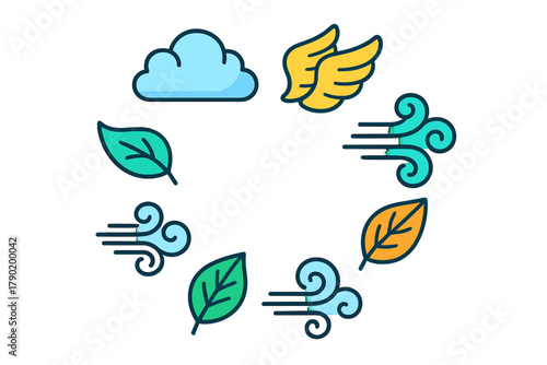 Collection of stylized icons representing air element, weather, and seasonal changes