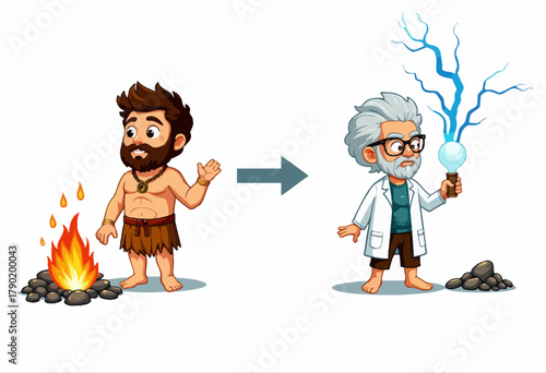 Illustration showing the evolution of human innovation from primitive fire-making to modern scientific electricity generation.