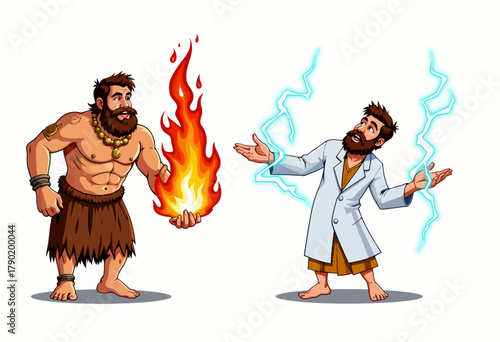 Illustration of Historic Humanoids Showcasing Evolution from Primitive Fire Mastery to Modern Scientific Electricity Control