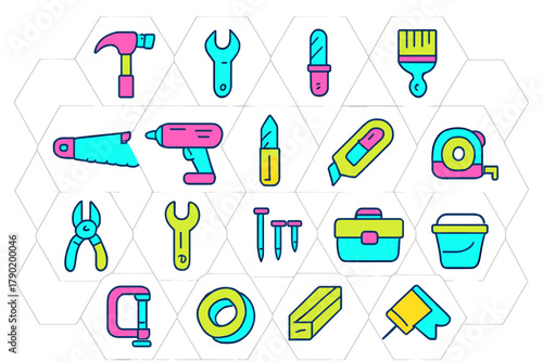 Colorful set of geometric construction and repair hand tool icons