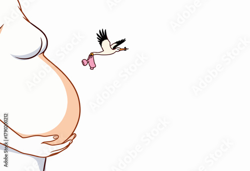 Illustration of Expectant Mother with Stork Carrying Pink Bundle Symbolizing Upcoming Birth and Parenthood Journey