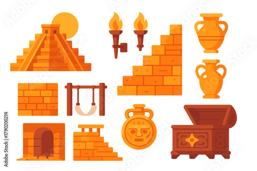 Stylized icons of ancient civilization ruins and hidden treasure