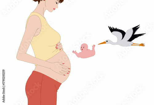 Illustration of a Pregnant Woman Contemplating the Myth of Storks Delivering Babies, Featuring a Flying Stork Carrying a Newborn in a Playful and Whimsical Scene