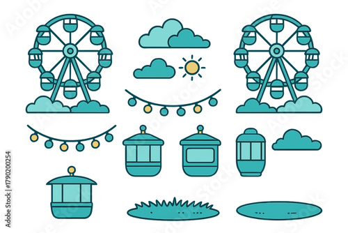 Amusement park ride elements featuring Ferris wheel and carnival booths