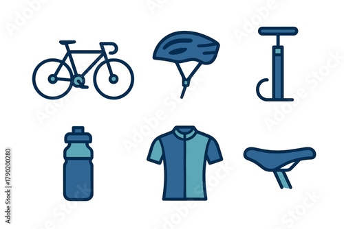 Essential cycling gear icons featuring helmet water bottle and pump