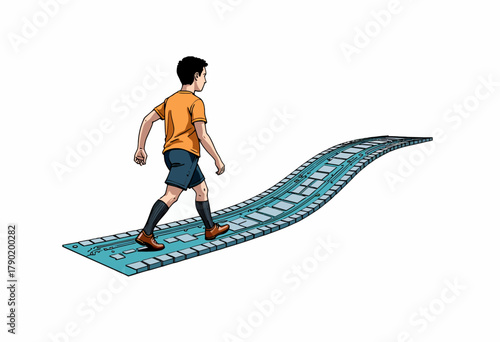 Illustration of a young boy confidently walking on a surreal winding path made of film strip, symbolizing a creative journey or exploration in filmmaking or storytelling