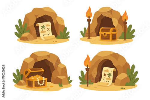 Pirate treasure cave entrances with map and gold chest icons