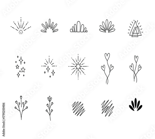 Illustration of collection of handdrawn line art elements, perfect for adding a touch of elegance to any design project or creative endeavor