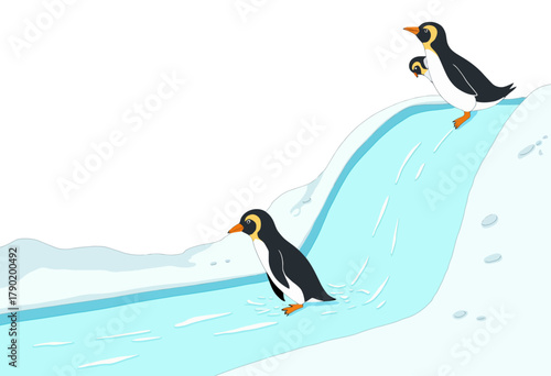 Illustration of Penguins Playfully Sliding Down an Icy Slope Amidst a Snowy Polar Environment Under a Clear Sky