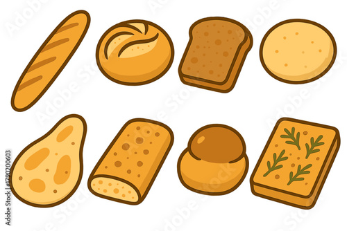 Set of icons representing various baked bread and pastry items