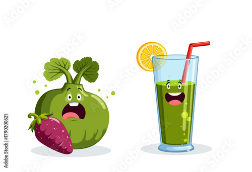 Illustration of a surprised cartoon kohlrabi holding a beetroot next to a cheerful green juice glass with lemon and straw