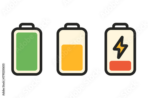 Battery charge level indicators showing full, medium, and low power states