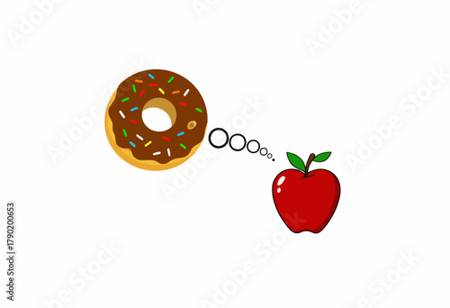 Illustration of a Chocolate Donut Dreaming About a Fresh Red Apple with Sprinkles and Thought Bubbles