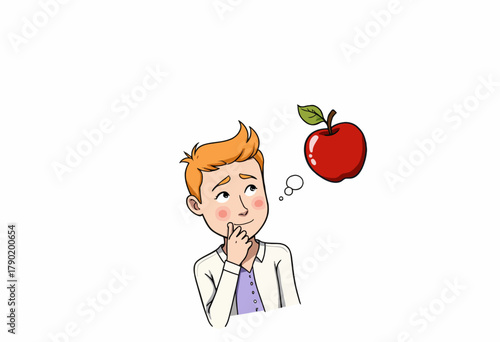 Illustration of a Thoughtful Person Contemplating a Red Apple Floating Above, Symbolizing Curiosity or Decision Making