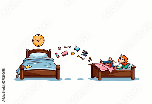 Illustration of a Child Magically Levitating Books and Objects Between Beds with a Floating Clock