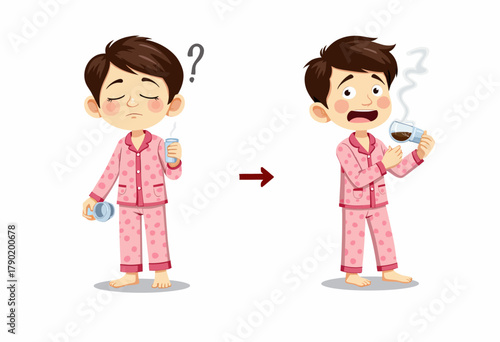Illustration of a Sleepy Boy Experiencing Surprise After Mistaking a Coffee Cup for Water While Wearing Pink Pajamas