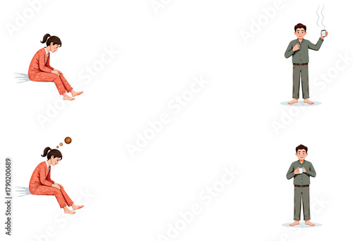 Illustration of a person's transition from morning grogginess to alertness through the consumption of a warm beverage, depicting the waking process