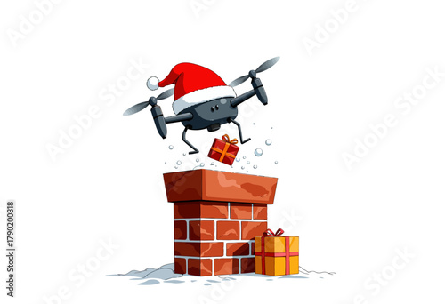 Festive Drone Delivery: Santa-Hat Adorned Drone Drops Gift into Snow-Covered Chimney, Highlighting Technology in Holiday Season Celebrations