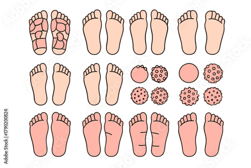Human foot reflexology chart and skin condition icons set