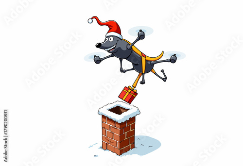 Festive dog with Santa hat delivering a gift down a snowy chimney using a red and yellow drone contraption on a clear background