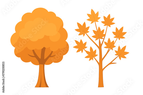 Stylized orange autumn trees with rounded and maple leaves