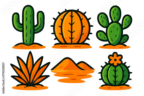 Stylized desert succulents and landscape icons set