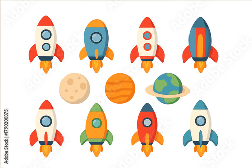 Colorful cartoon rockets and planets traveling through outer space