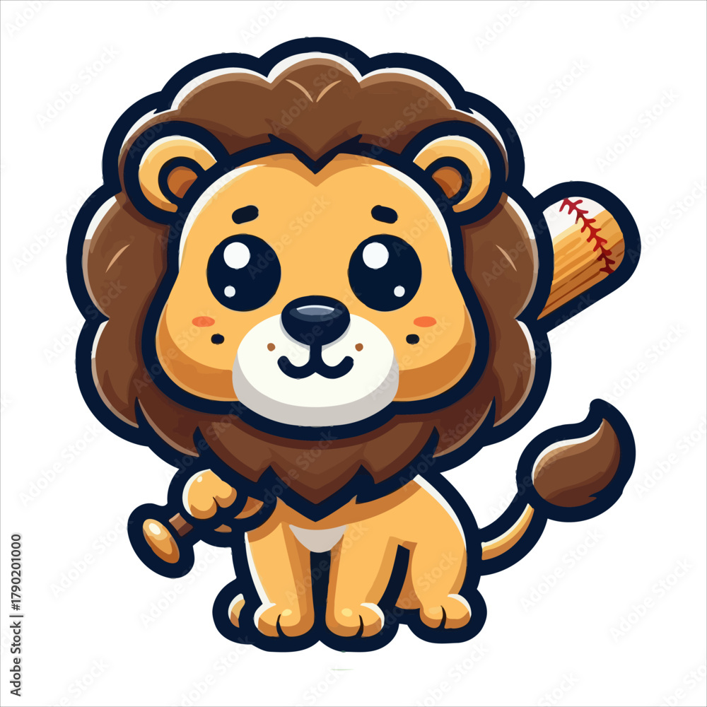 Fototapeta premium Cute cartoon lion playing baseball, flat vector logo for sports or kids' brands