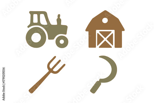 Rustic farm equipment and building icons featuring tractor, barn, pitchfork, and sickle