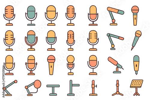 Stylized icons of microphones and various audio recording equipment