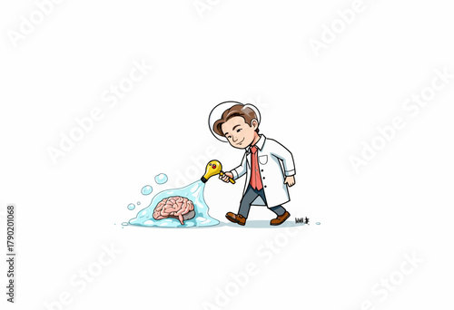 Illustration of a scientist nurturing a brain with a watering can, symbolizing the cultivation of knowledge, creativity, and intellectual growth