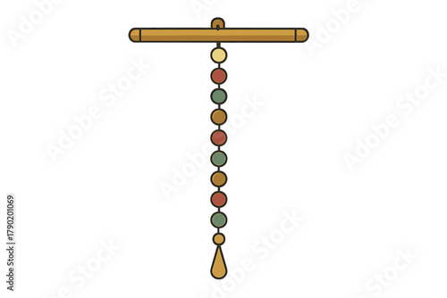 Colorful hanging beaded ornament suspended from a wooden rod