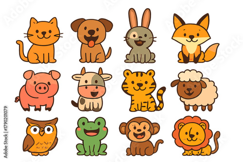 Cute cartoon baby animals and farm creatures icons collection