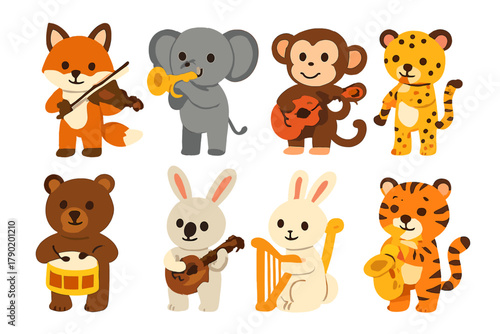 Charming jungle and forest animals playing various musical instruments together