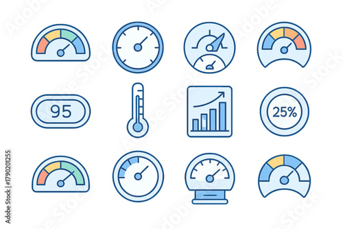 Collection of measurement and gauge icons for performance monitoring