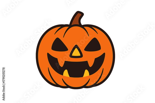 Stylized orange jack o lantern face with prominent fangs