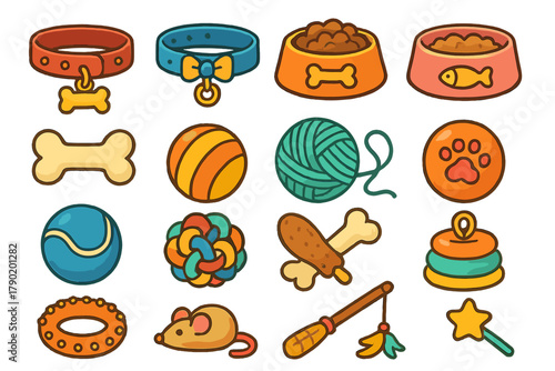 Cute collection of various pet supplies and toys icons