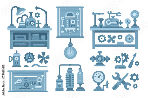 Stylized mechanical equipment and workshop tools icons collection
