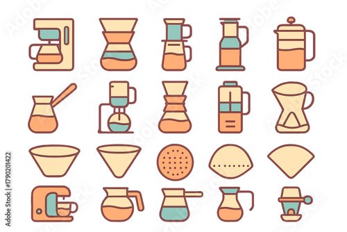 Various coffee brewing equipment icons and accessories for beverage preparation