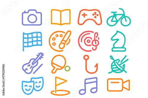 Collection of colorful outline icons representing various hobbies and leisure activities
