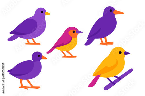 Five stylized birds with vibrant purple and yellow plumage in various poses