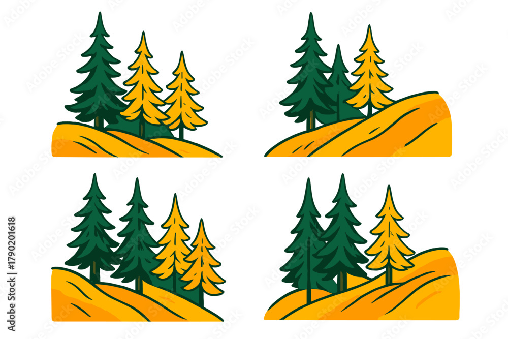 Obraz premium Stylized pine trees on rolling autumn hills landscape elements