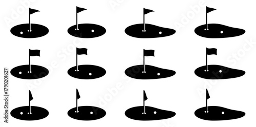 様々な形のゴルフグリーンと旗のアイコンのベクターイラストのセット