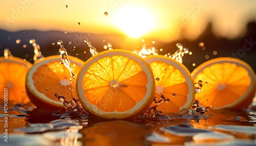 Vibrant Orange Slices Splashing in Water at Sunset - A Refreshing Citrus Delight.